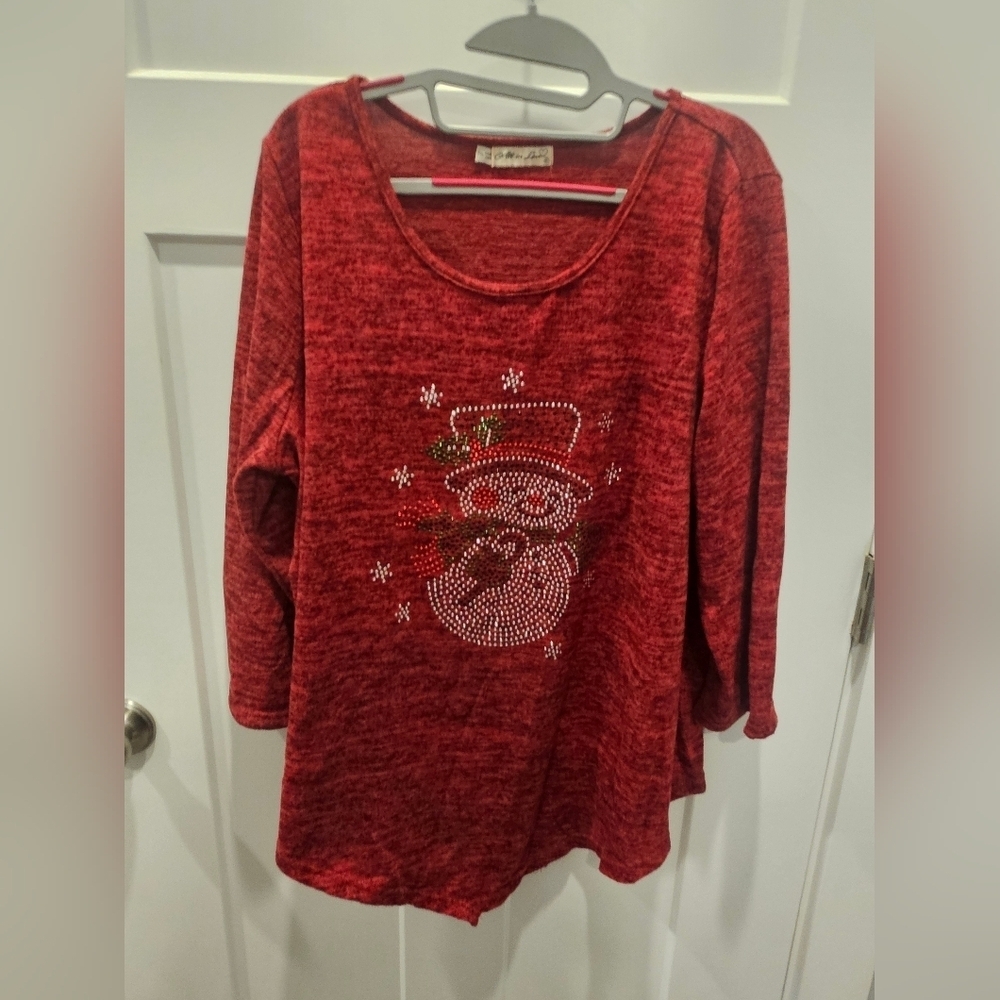 All in Favor Red Rhinestone Snowman Christmas Top 2XL Long Sleeve Holiday Shirt